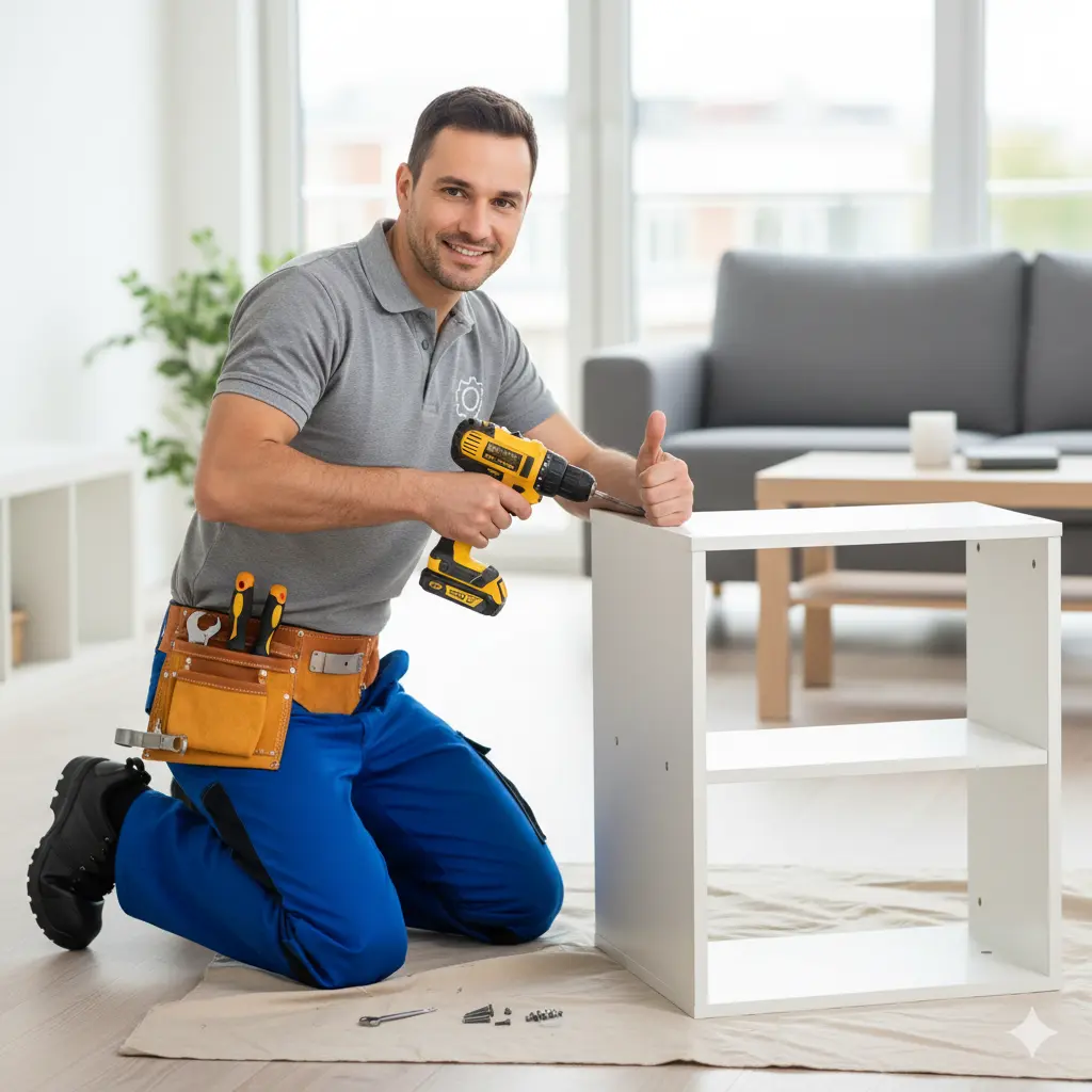 HomeCrew technician assisting a homeowner inside their living room